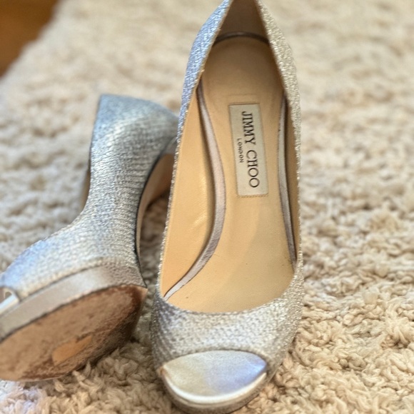 Jimmy Choo Luna 100 Glitter Fabric Platform Peep-Toe Pump, Size 39 - Picture 3 of 11